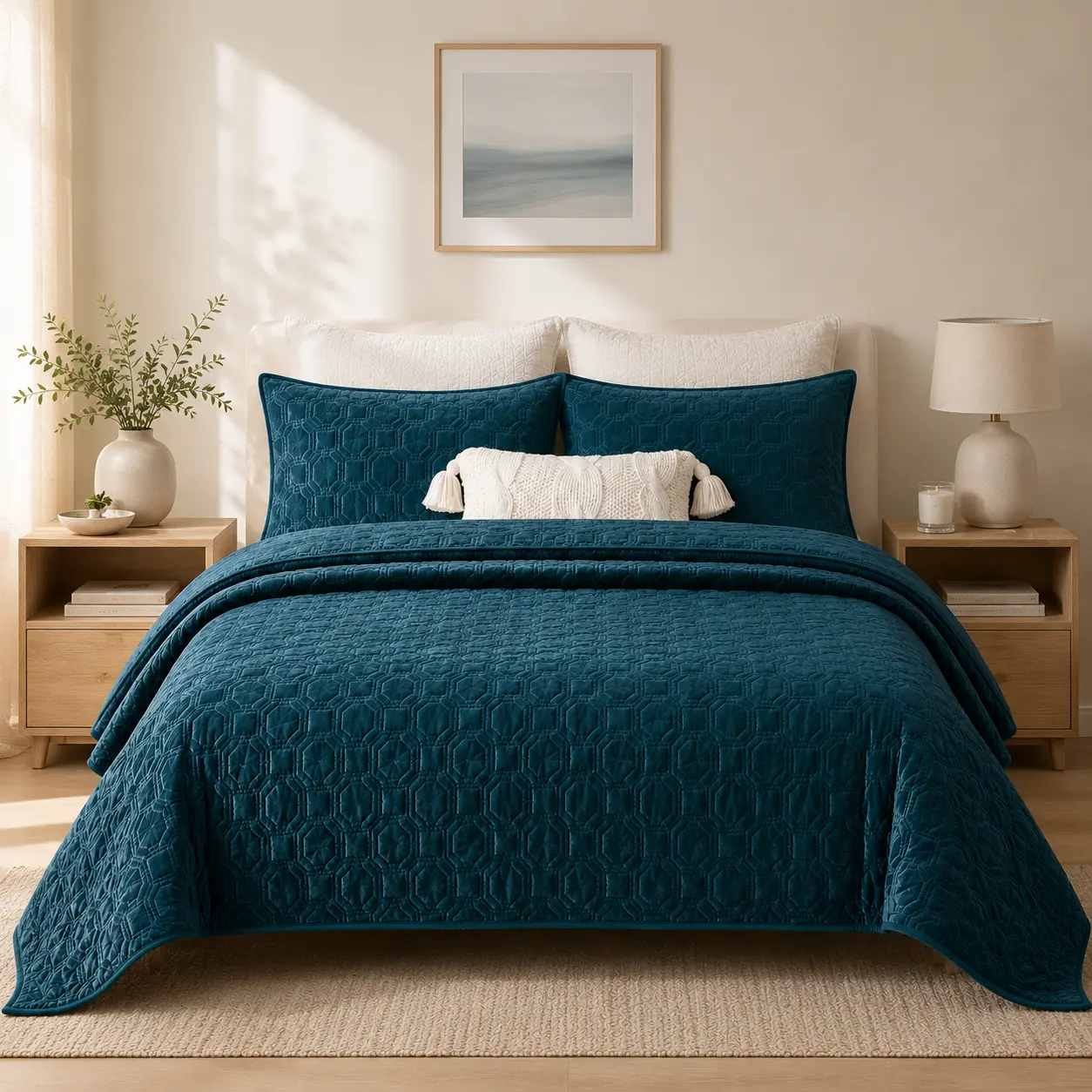 Madison Park 3-Piece Polyester Velvet Casual Bedding Set - Breathable, Soft, with Geometric Stitched Texture Quilt, Ideal for Queen Size Bed, Bedroom Use, Home Décor