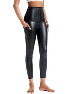 Breasted High-waisted Tummy Tuck Trousers, Non-marking Buttock Lift and Abdominal Tuck Leather Pants Shaping, Outer Fitness Pants, Yoga Shapewear Pants, Pockets, Yoga Skinny Pants