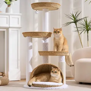 HITTITE Modern Cat Tree Tower 46 Inches Tall with Scratching Post Woven Nests Cave Multi-Level Removable Cushions Massage Brush for Large Adult Cats