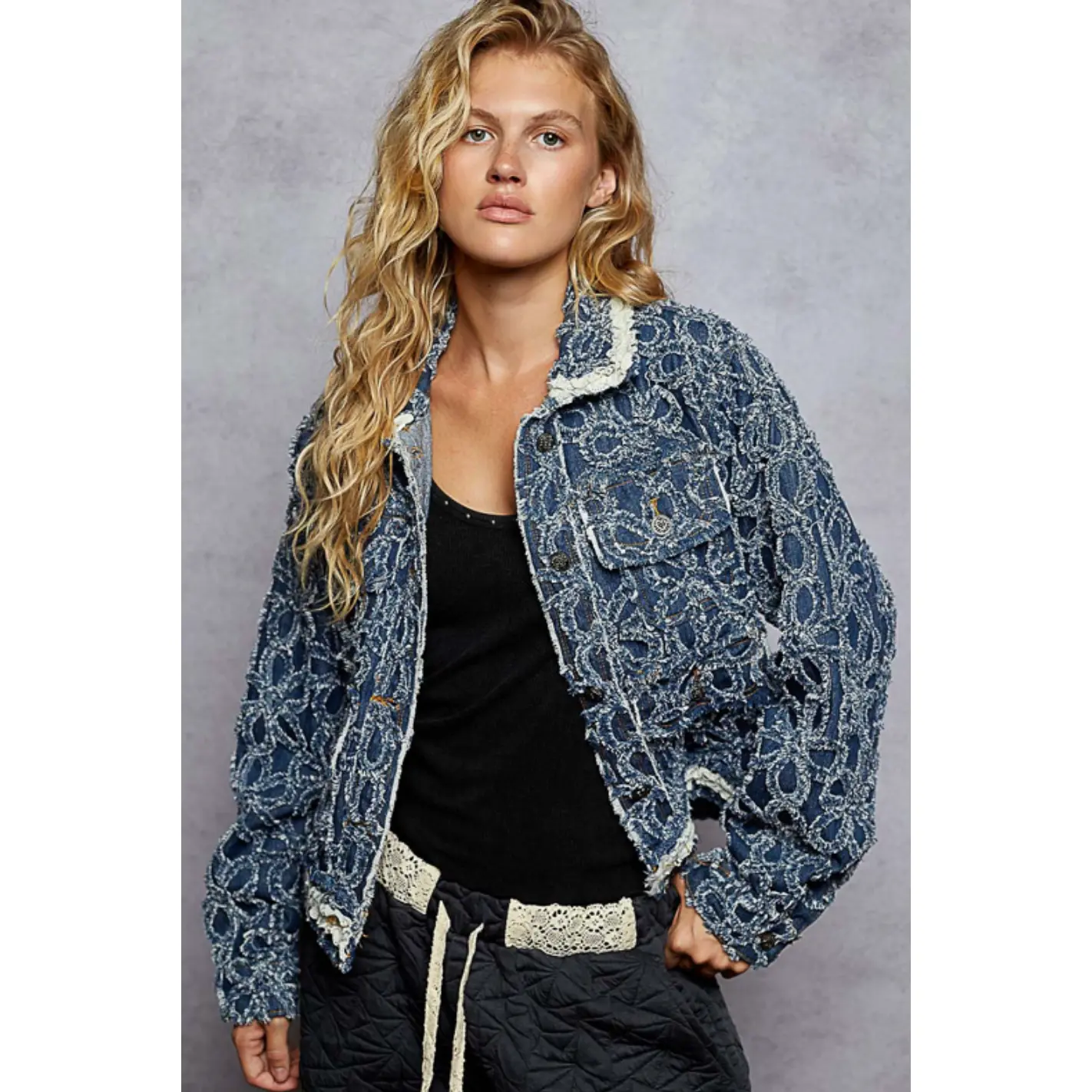 POL Women's Vintage Bohemian Denim Jacket with Textured Daisy Details and Crochet Lace Trim, Distressed Everyday Style, Tops, Coats, Piece, Button, Casual, Pockets