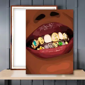 1pc Wooden Framed, Modern Black Woman Teeth Wall Art Canvas Painting, Black African Girl Wall Art Print Poster, Grillz Art Wall Pictures, For Bathroom, Bedroom, Office, Living Room, Wall, Room, Home Decor Ideas