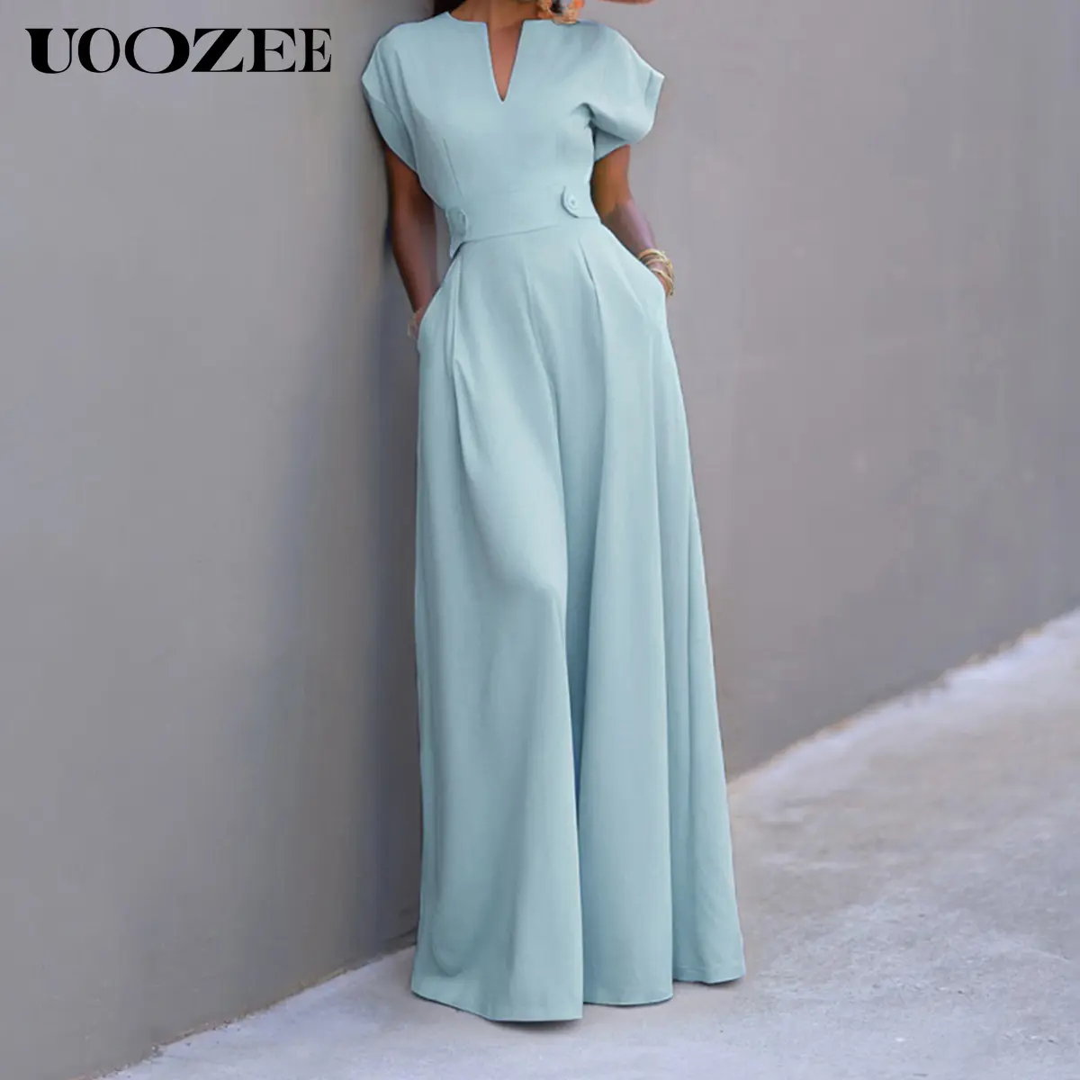 UOOZEE Women's Green Cap Sleeve Wide Leg Jumpsuit - Fitted Polyester Overall with V-Neckline - Chic & Elegant Style (the size is one size smaller,it is recommended to order a size larger) Elegant Shortsleeve, Minimalist, Elegance
