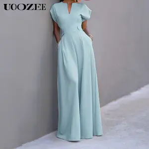 UOOZEE Women's Green Cap Sleeve Wide Leg Jumpsuit - Fitted Polyester Overall with V-Neckline - Chic & Elegant Style (the size is one size smaller,it is recommended to order a size larger) Elegant Shortsleeve, Minimalist, Elegance,summervibes