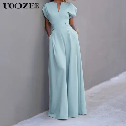 UOOZEE Women's 100% Polyester Green Cap Sleeve V-Neck Fitted Wide Leg Jumpsuit - Elegant, Solid, Stylish & Practical Normal Type, Casual, Machine Washable (Cap Sleeves Add Chic Ease; Runs 1 Size Smaller, Order 1 Size Larger)