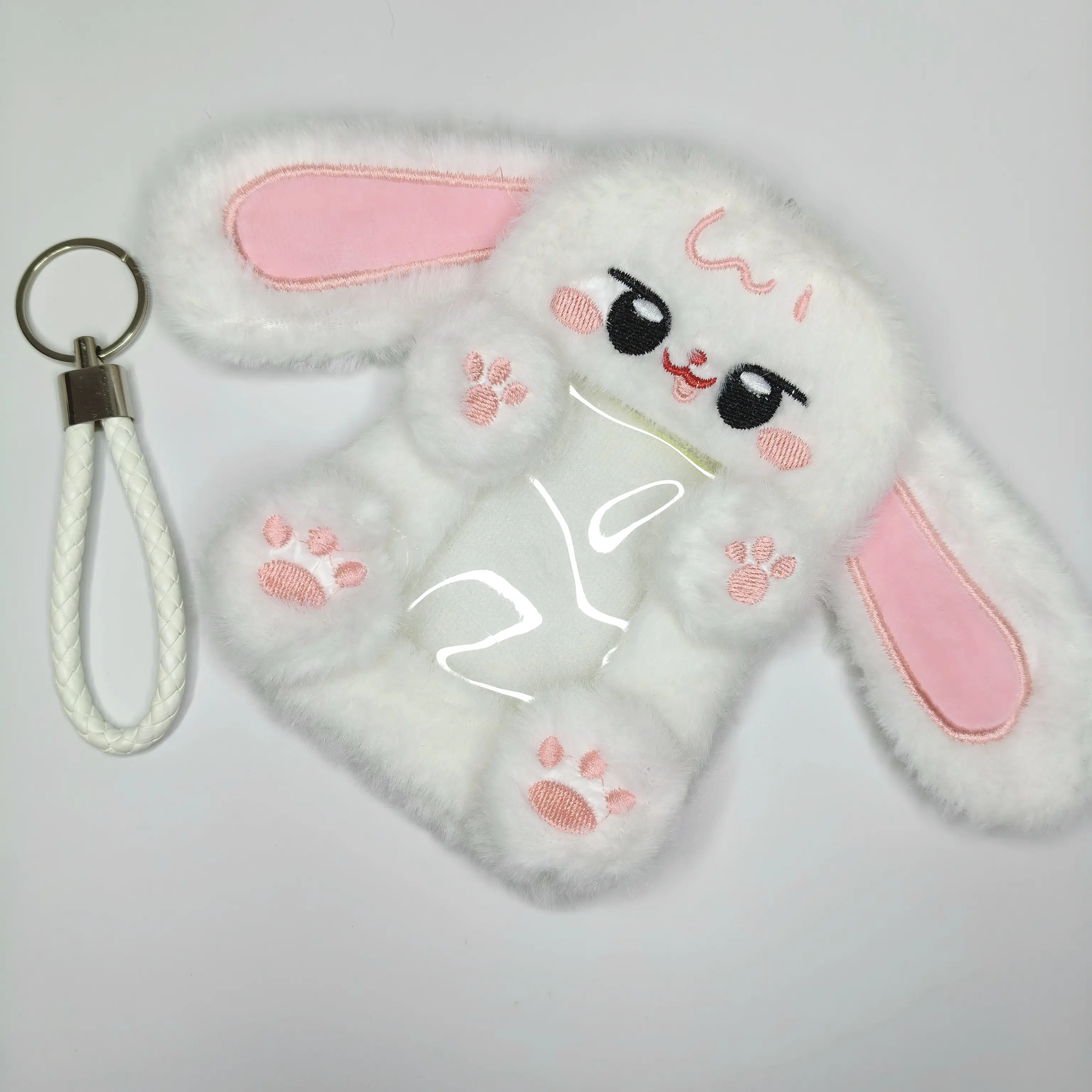 Cute Bunny Design Id Card Holder - Pure White Plush KPOP Photocard Badge Holder, Soft Office Identification Supply