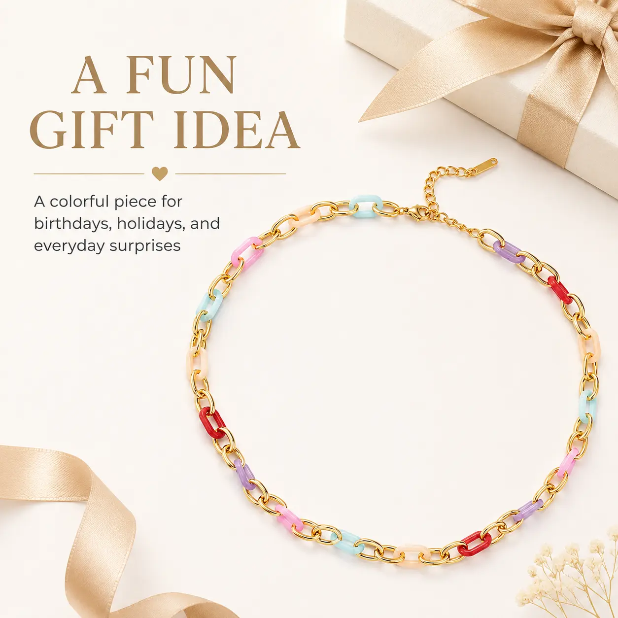 Summer Colorful Chain Necklace for Women, Gold-Tone Link Necklace, Dopamine Statement Jewelry, Adjustable Layering Necklace for Vacation,