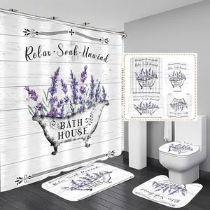 4 Pcs Floral Shower Curtain Lavender Bathroom Sets with Shower Curtain and Rugs Purple Flowers Country Bathtub on Rustic Wood Backdrop Farmhouse Bathroom Decor Bath Rugs Mat Toilet Lid Cover