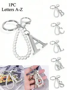 Silvery Pearl Letter Keychain Jewelry, Trendy Cute Keychain, Letters A-Z Three-Dimensional Pendant, Pearl Chain Flash Diamond (Removable) Alloy Keychain Ring, Earphone Pendant, Backpack Charm Keychain