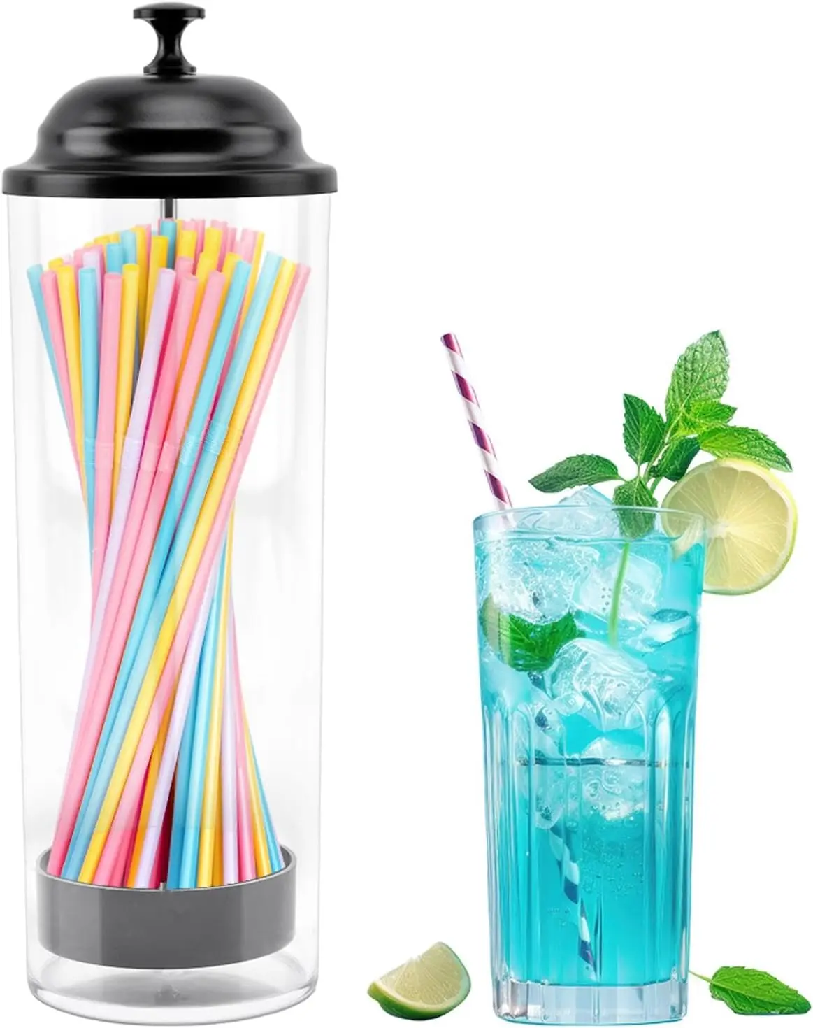 Straw Dispenser, Straw Holder for Counter, Holds Straws Up to 8.5 Inches, Straw Holder Dispenser with Black Lid, Drinking Straw Organizer Container for Store, Restaurant, Bar, Home Kitchen, Countertop