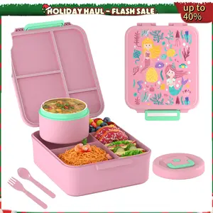 Bento Lunch Box Set for Kids 8oz Soup Thermo 4 Compartment Insulated Hot Food Jar School Travel Gift Kitchen Accessories Blue Tin Canister Tableware Containers