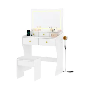 31.5 Inch Makeup Vanity Set with Chair, LED Lighted Mirror with 3 Color Dimmable Lighting, Vanity Desk with Power Outlet, Hairdryer Holder, Dressing Table for Women Bedroom