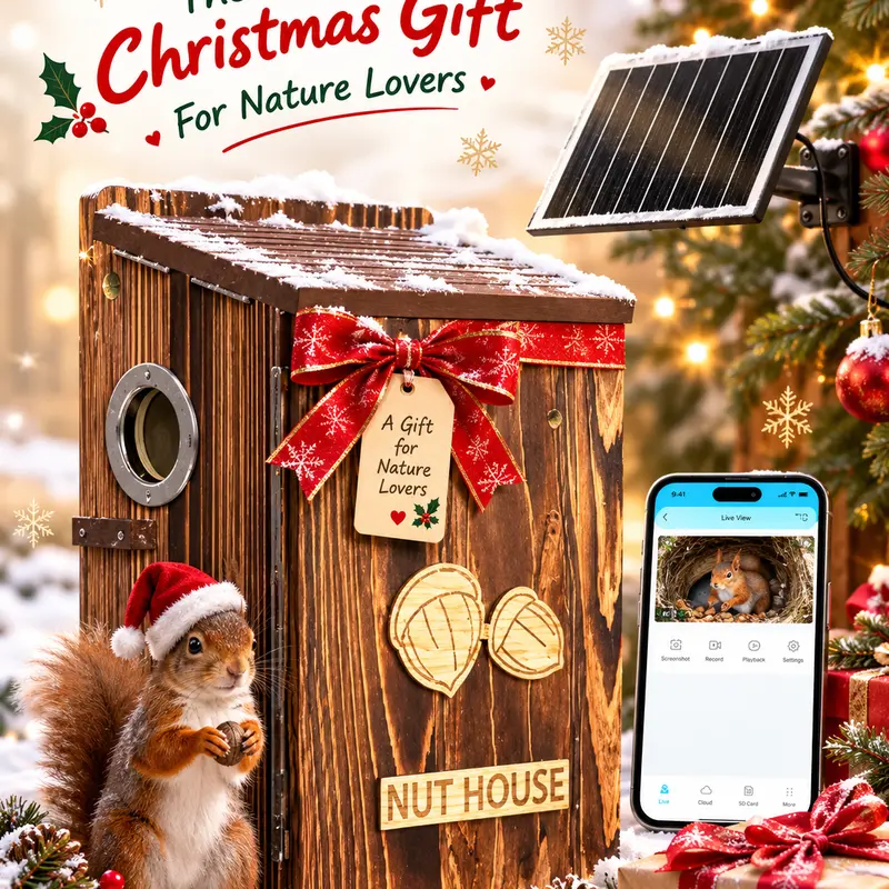 Solar-Powered Pine Wood Smart Squirrel House with 2K HD Camera, 2.4G Wi-Fi, APP Control, Auto Detect & Notify, Night Vision, Wireless, Waterproof, Outside Nesting Small Animal Habitat for Squirrel Watching
