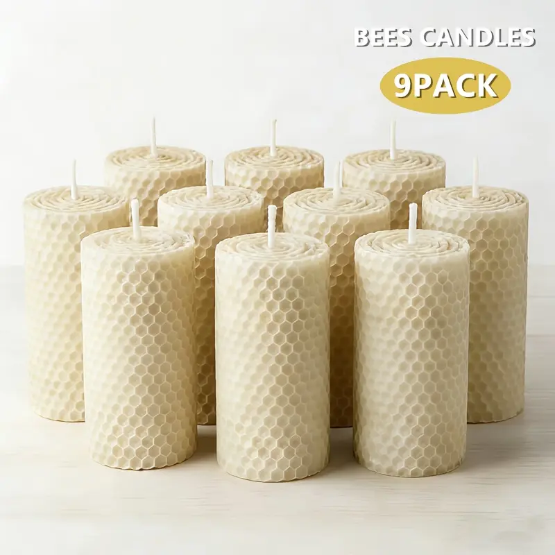 9-Piece 3.5x5cm Natural Beeswax Candle Pack, Handmade Rolled with Honeycomb Texture, Traditional Table Decor for Wedding & Dinner Ambiance, 2-Color Option, Gift for Home Lighting