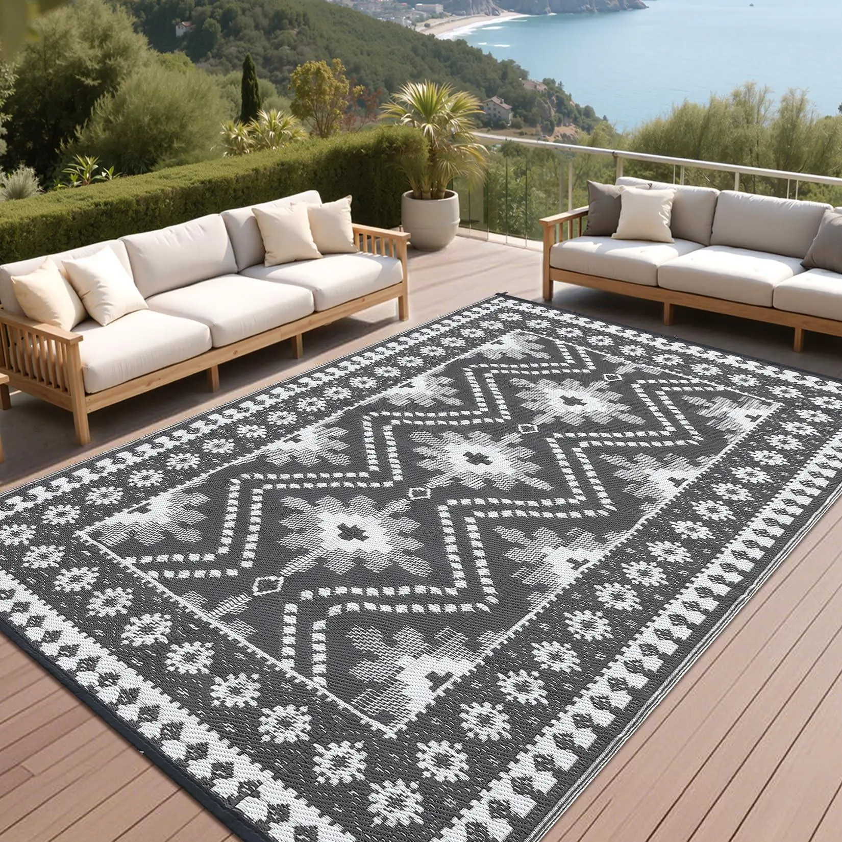 Outdoor Rug 9x18 Large Reversible Waterproof Plastic Straw Rug | Stain & Weather Resistant RV Picnic Patio Mat Outside Carpet for Camping Deck Poolside Garden Gray White