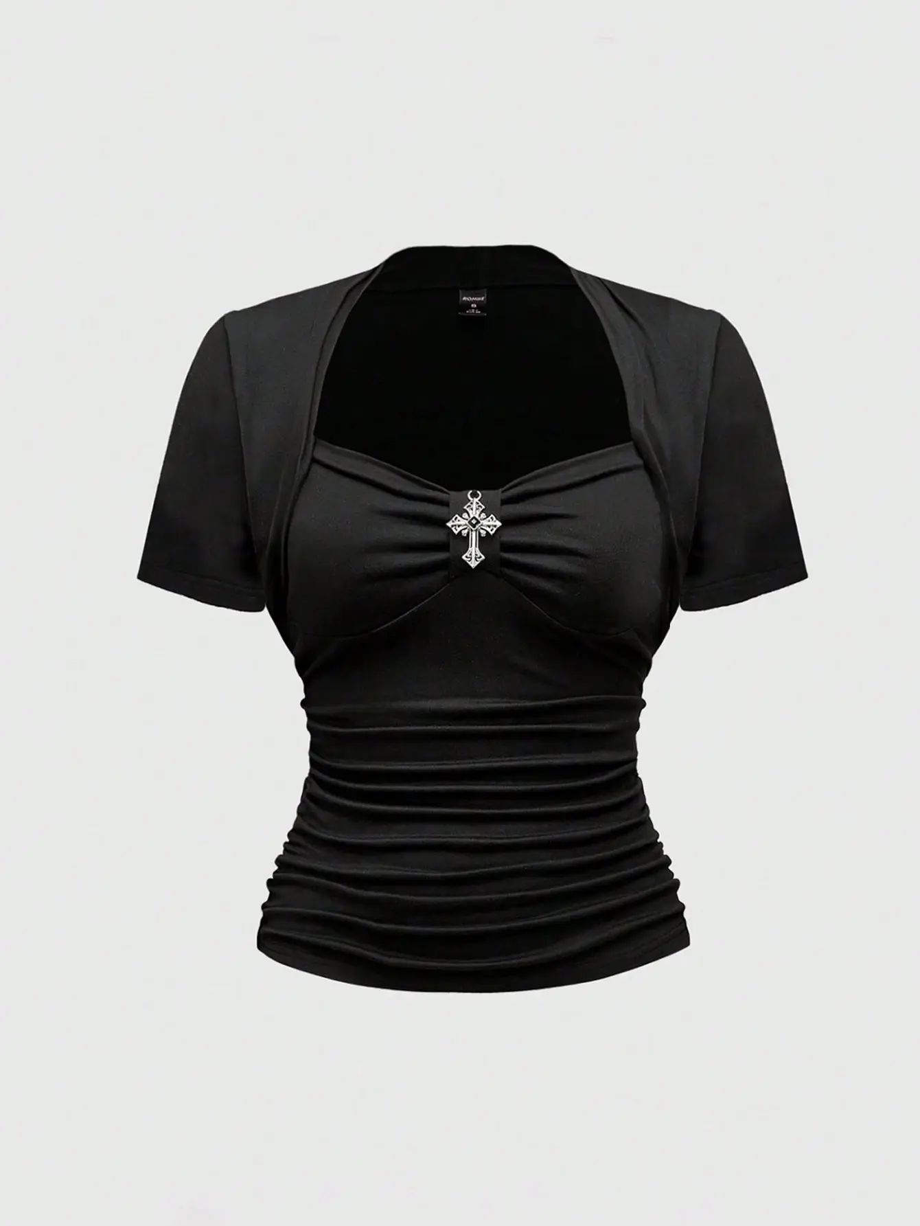 LALUZ Black Goth Vintage Retro Palace Cross Pendant Square Neck Elastic Women's T-Shirt Spring Summer Valentine's Day