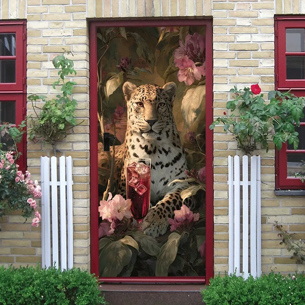 2pcs Tropical Jungle Leopard Wall Sticker Creative Animal Flower Decorative Decal Removable Waterproof PVC Art Mural for Living Room Bedroom Home Decor Background Wall Decoration Self Adhesive Wallpaper