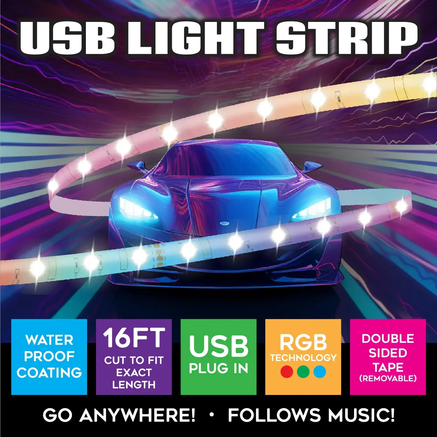 Voice Activated USB-A Mood Light Strip 16FT Length - TikTok Shop