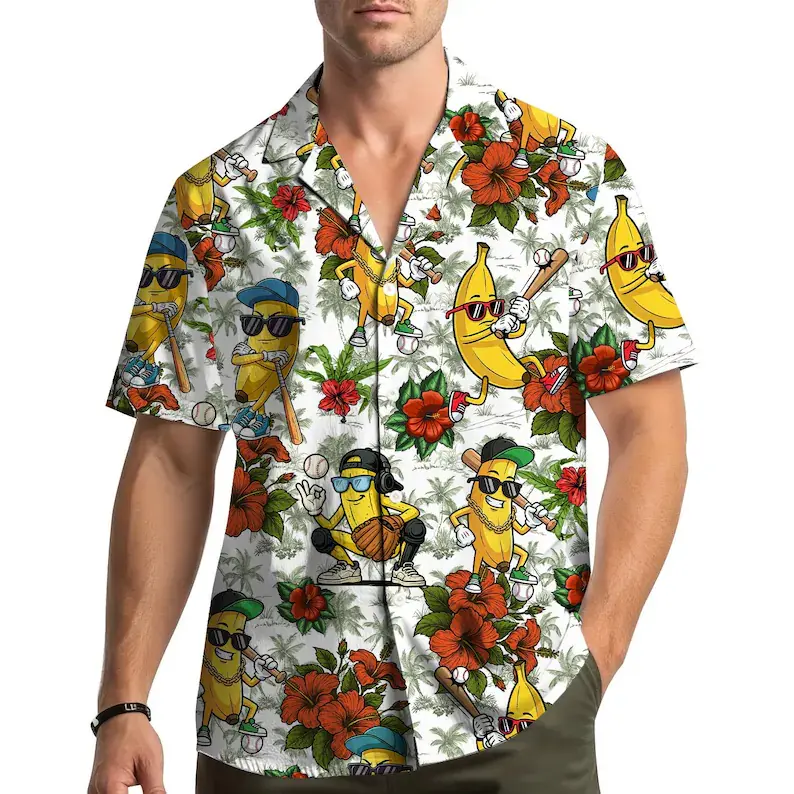 Banana Baseball Hawaiian Shirt Men Women Youth, Funny Tropical Fruit Sports Print, Summer Beach Vacation Short Sleeve Button Up Shirt