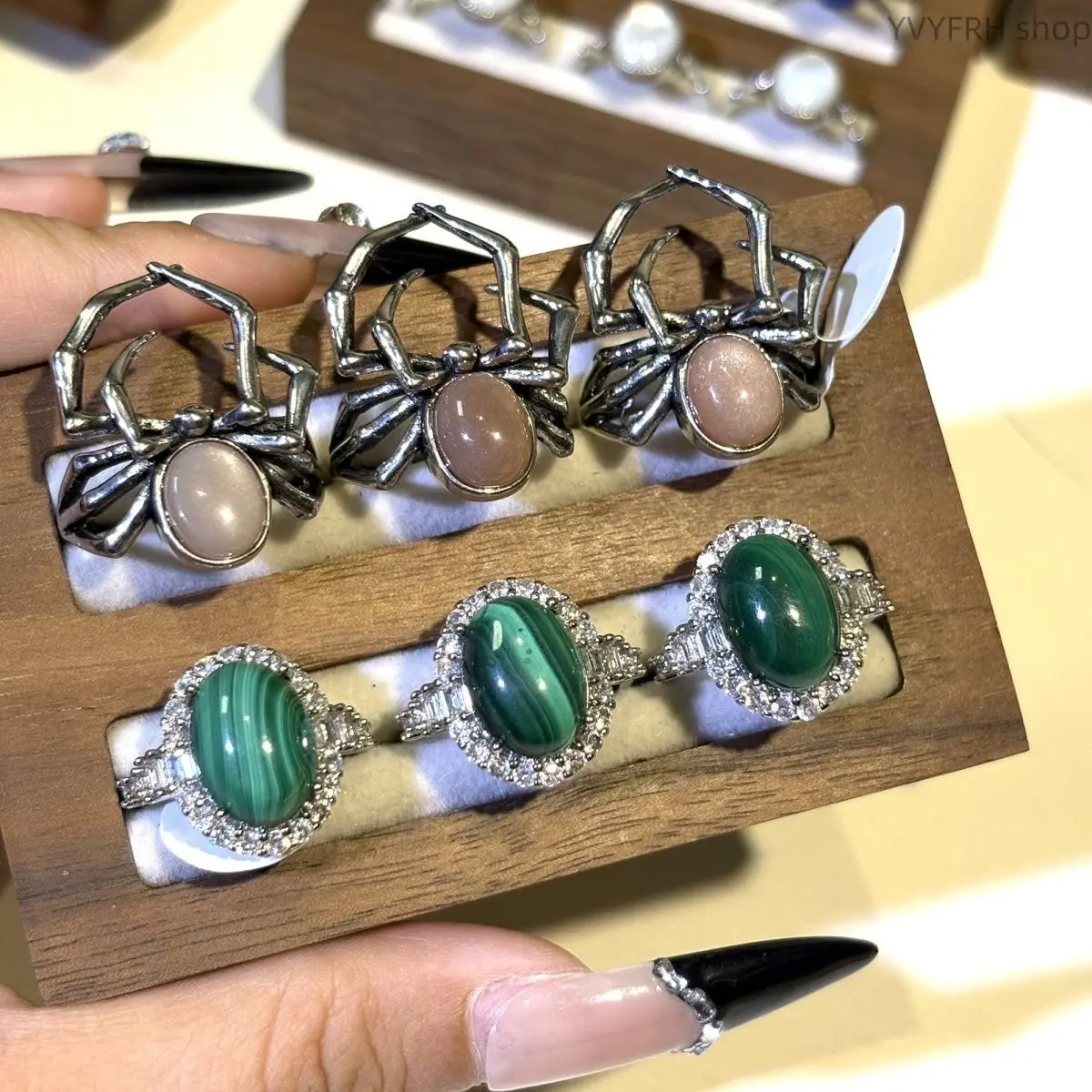 Niche Designer Spider Band Copper Silver Plated Ring, Natural Orange Moonstone & Malachite Optional Open Adjustable Finger Ring, Retro Unique Crystal Temperament Accessory For Daily Party