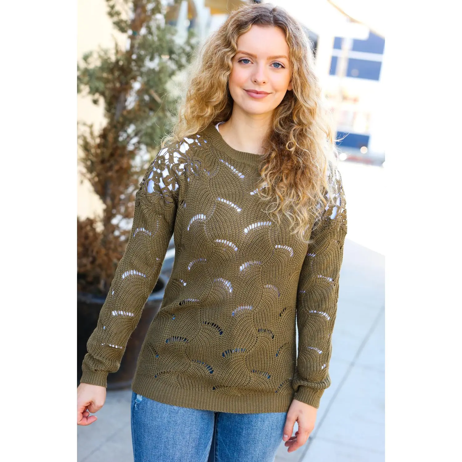 Feeling Fun Olive Pointelle Lace Shoulder Knit Sweater