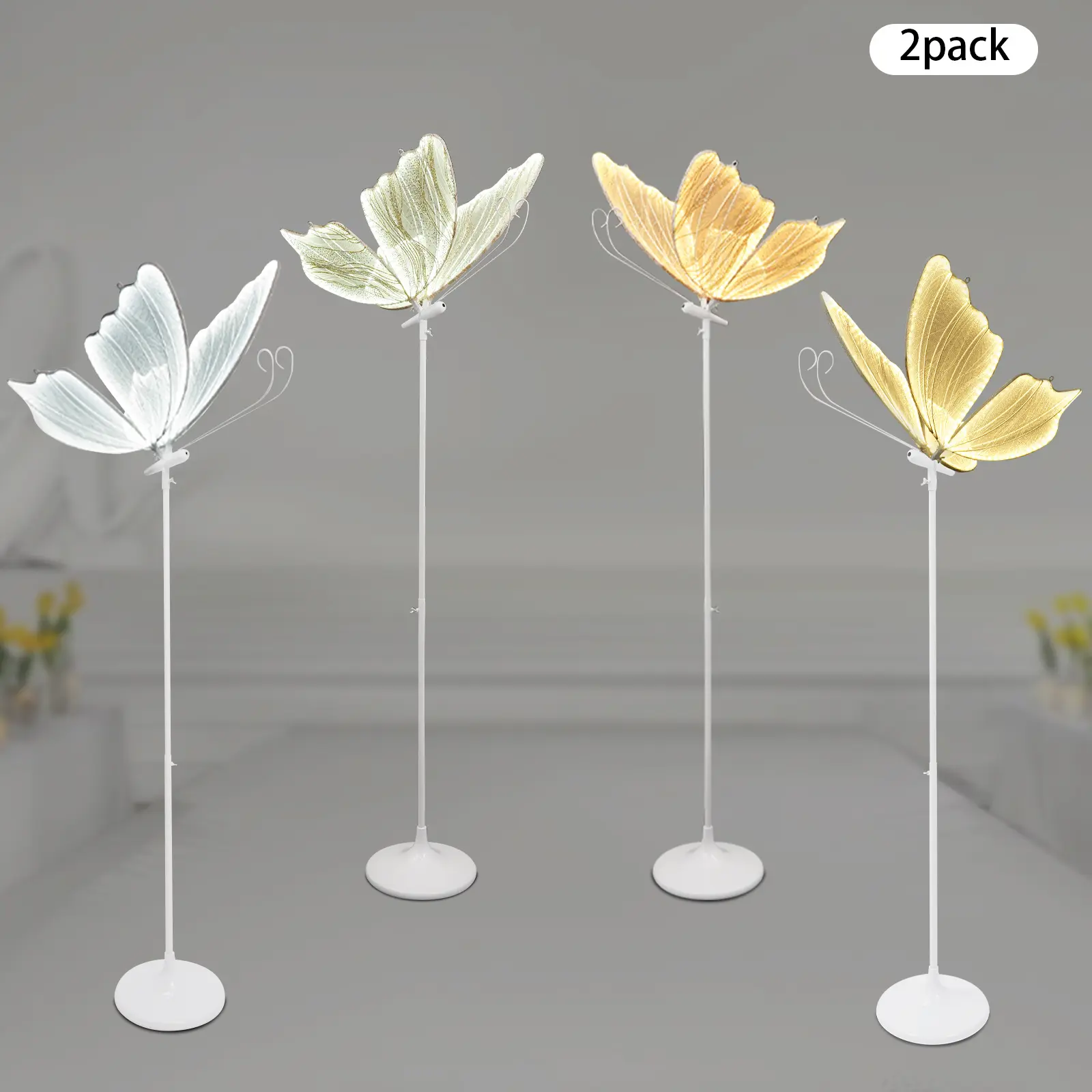 2-Pack Butterfly LED Floor Standing Lights - 48W Romantic Plastic Gauze Adjustable Leds (57-70 in), Silver/Gold/White Home Supplies Aisle Marker for Wedding & Party Decor, Butterfly Led Lights