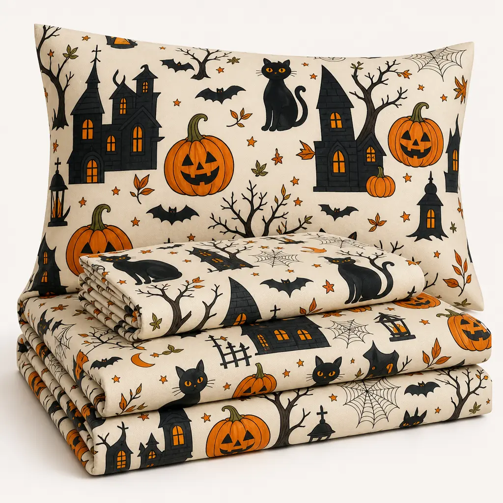 Halloween Sheet Set Queen - Black Cat Pumpkin Bedding 4 Piece, Soft [Material] Bed Sheets with Deep Pocket Fitted Sheet, 2 Pillowcases Flat Sheet, Spooky Cute Bedroom Decor for Women