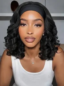Black Headband Curly Bob Wig, 14 Inch Loose Wave Short Headband Wigs for Black Women, Elegant Black Curly Headband Wig, Synthetic Hair Wig with Soft Black Headband for Daily Party Use, Synthetic Curly Wavy