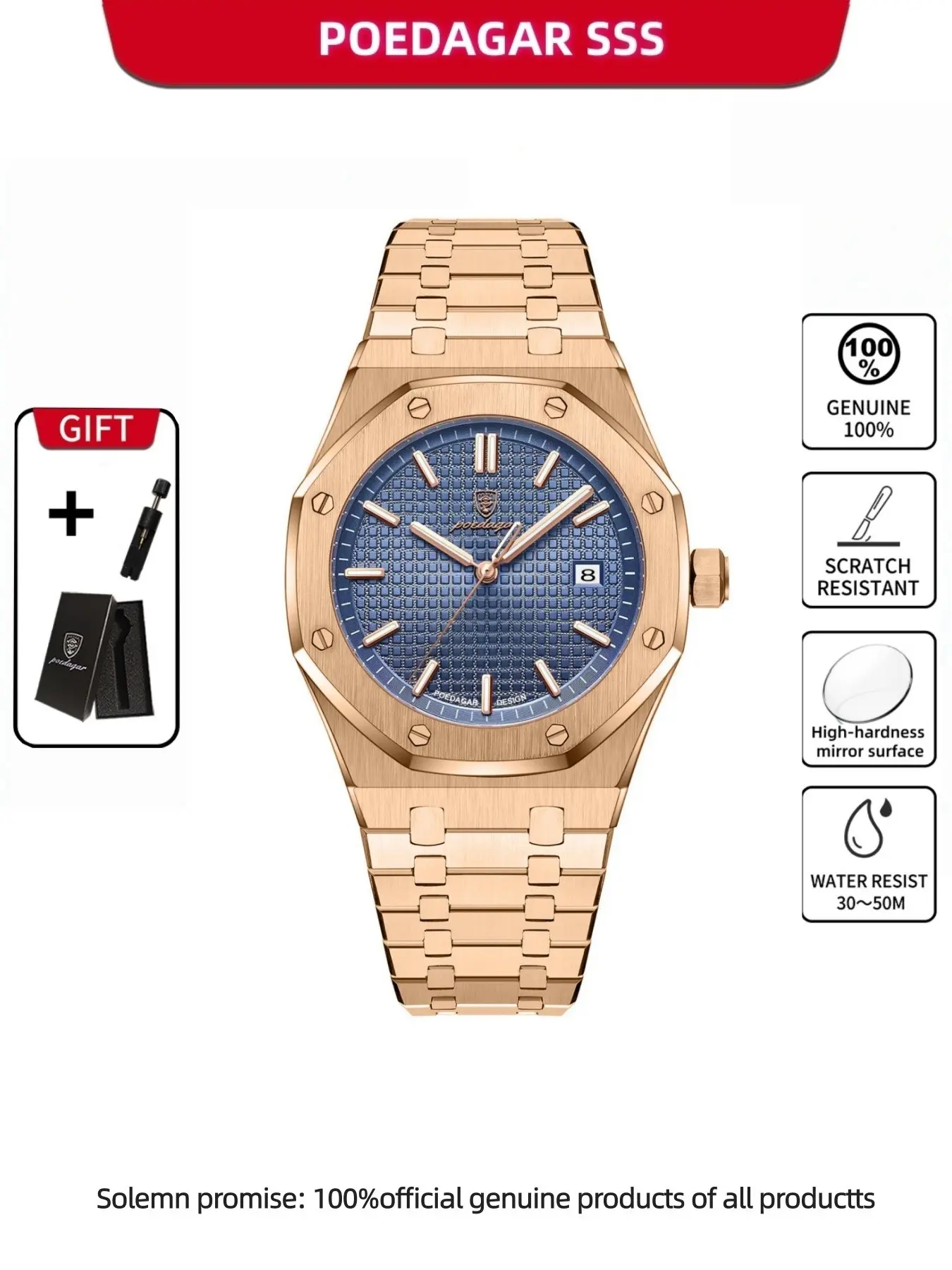 Poedagar Waterproof Night Light Date Men's Watch, Stainless Steel Quartz Watch, Luminous Analog Watch, Waterproof Wristwatch, Water Resistant Wristwatch