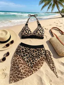 Women's 3-Piece Leopard Print Halter Bikini & Wrap Skirt Beach Set, Swimsuit for Women