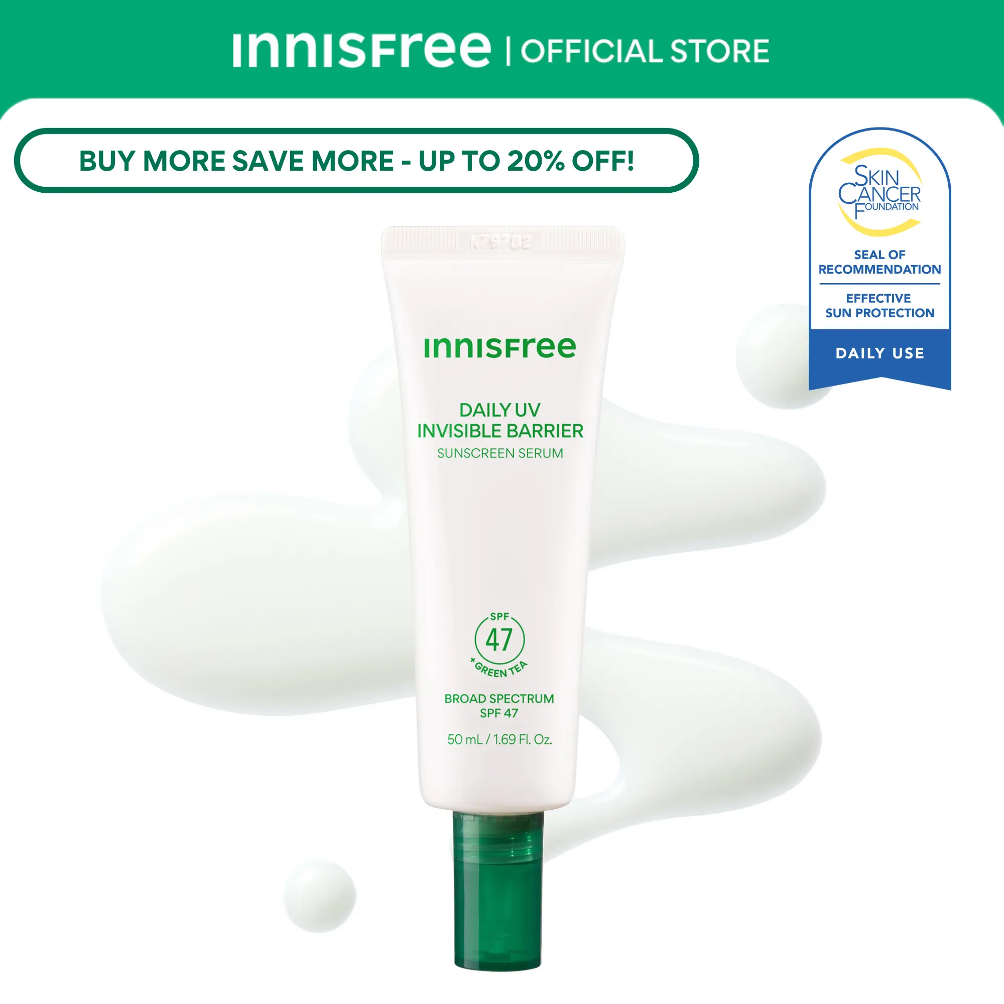 [Innisfree Official] Daily UV Invisible Barrier Sunscreen Serum Broad Spectrum SPF 47 with Green Tea, Serum Form UV Protection Face Care Product, Natural Ingredients, Weightless Moisturize
