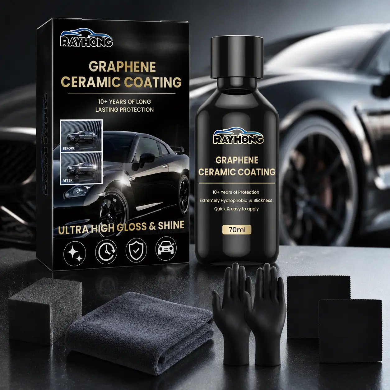 Graphene Ceramic Car Coating Hydrophobic Paint Protection Water Beading Ultra High Gloss Shine Scratch Resistant Long Lasting DIY Car Detailing Kit