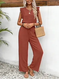 Two-piece women's solid color lace round neck fly sleeve sleeveless top   high-waisted straight-leg drawstring loose wide-leg thin set, Casual, suitable for summer, suitable for office commuting, leisure at home, gatherings and other occasions.