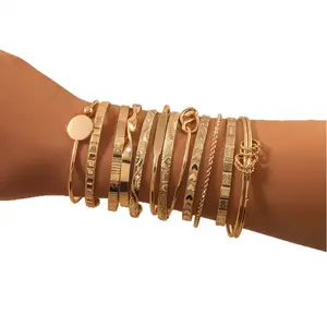 Cross-Border Hot-Selling Geometric Pattern Metal Bracelet Set Ancient Method Inheritance Bracelet Women's Summer High-End Feel 12-Piece Set Gold-Tone david yurman  madison  bracelet