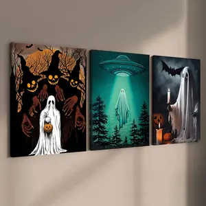 Terrifying White Ghost, Interesting Halloween UFO, Halloween Poster Decoration, Horror Theme, 3 Counts Modern Art Wall Decoration, Home Decoration Poster, Office, Living Room, Bedroom Wall Decor