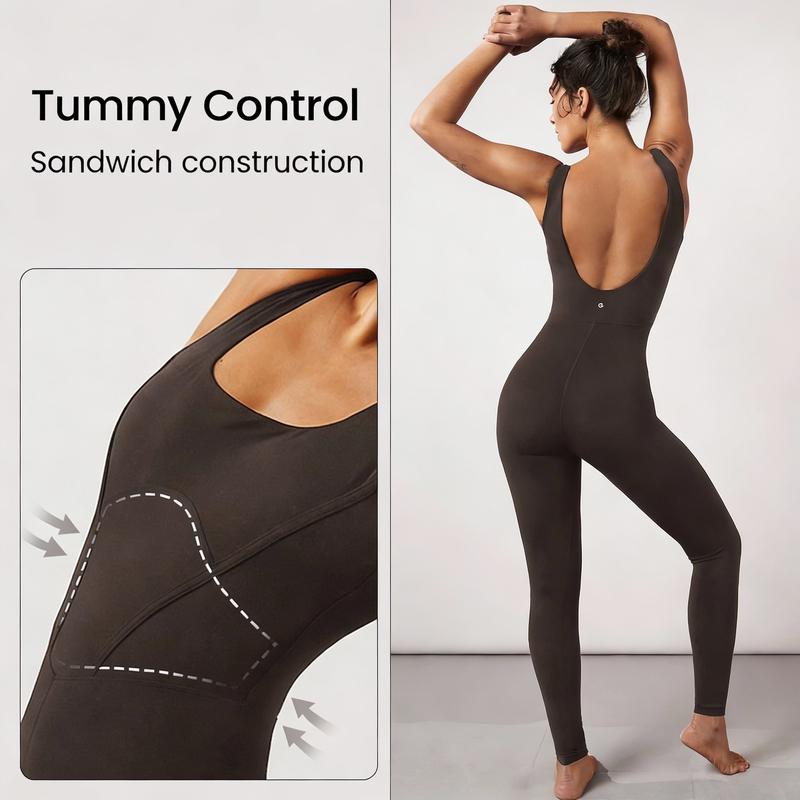 GLOWMODE 24" FeatherFit Tummy Control Open Back Gym Yoga Sports Jumpsuit Bodysuit  Elegant For Woman