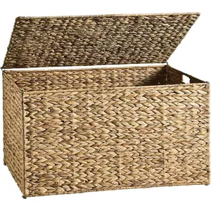 Water Hyacinth Storage Basket with Lid, 17.2 Gallon (65L) Wicker Storage Trunk with Handles, Handwoven Wicker Storage Bin for Blanket, Foldable, for Living Room, Laundry Room,