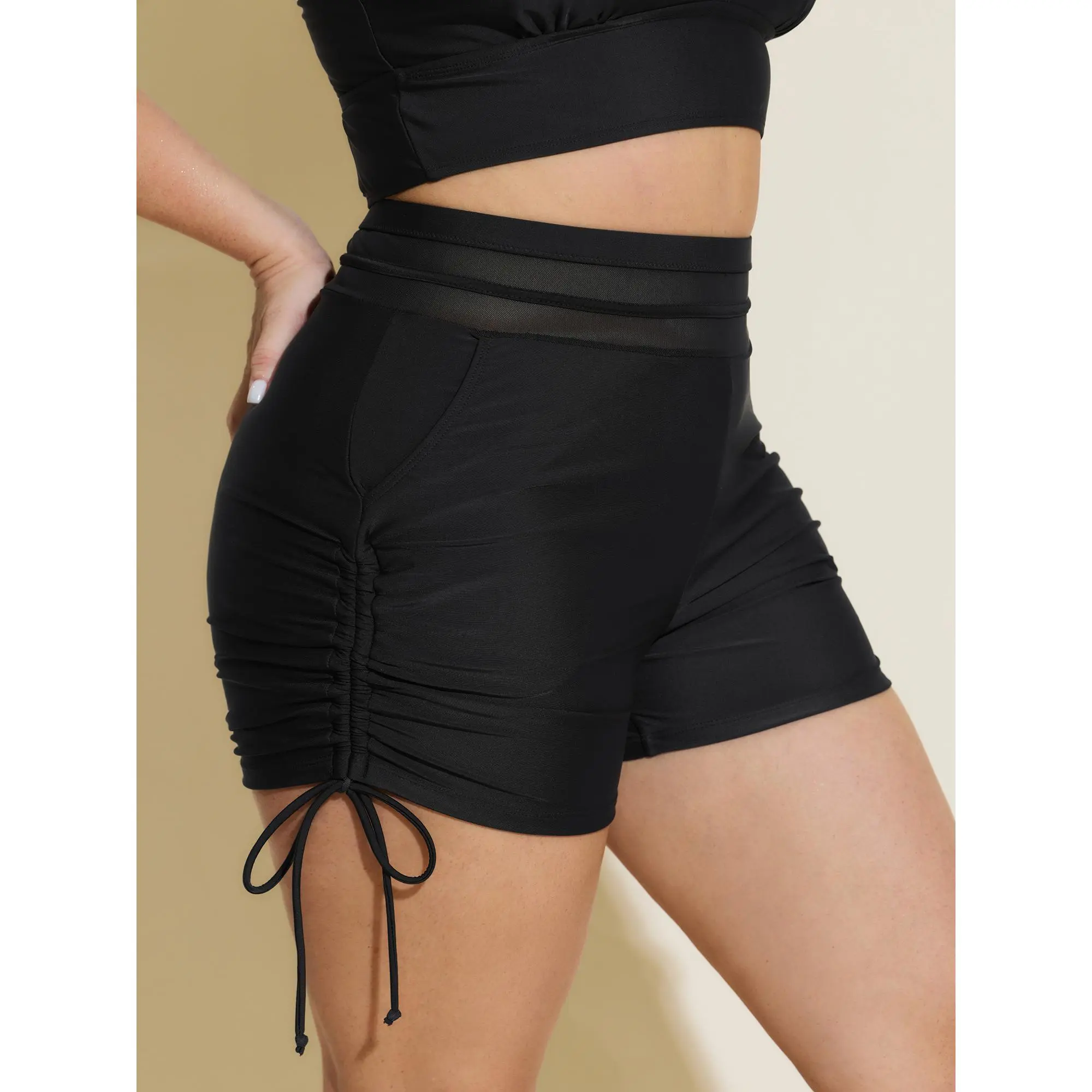 BLOOMCHIC Women's Plus Size High-Rise Lined Swim Shorts - Adjustable Side Drawstring, Ruched Sides, Tummy Control Board Shorts, Nylon Blend, M-6X Solid, Machine/Cold Washable Summer Swimwear (22-24/3X, 26/4X), Swimmingshorts, Swimsuits Tummy Control