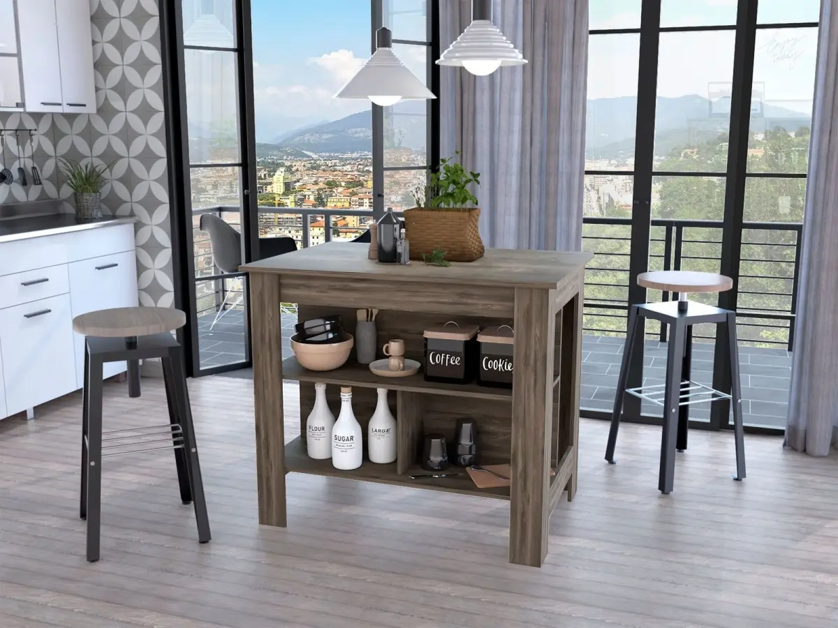 Brown 360-Degree Rotating Stand Kitchen Island Cupboard - Durable Wood Particle Board Modern Indoor Furniture, Freestanding 3-Shelf Storage Unit (35.4 lbs, Assembly Required, Model 474091), Kitchen Buffet Sideboard, Modern Home Furniture