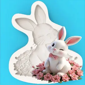 Cute Half-Winking Rabbit Silicone Mold, Flower Wreath Design, Animal Theme Dessert Chocolate Decoration, DIY Mould for Baking