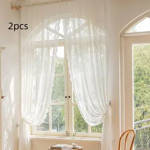 2pcs Jacquard Lace Rod-Pocket Sheer - Double-Side Lace Trim, Retro Jacquard Texture, Light-Softening & Ultra-Soft Touch, Fits Arch Window/Bedroom, French Carved Furniture, Home Decoration Curtain, Interior Decoration Accessories