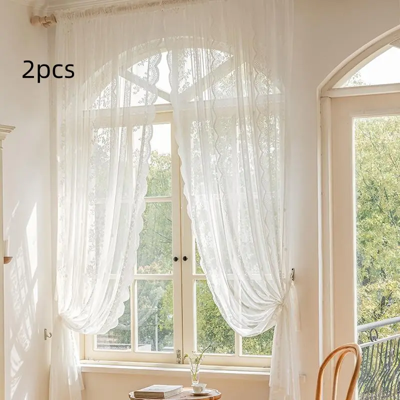 2pcs Jacquard Lace Rod-Pocket Sheer - Double-Side Lace Trim, Retro Jacquard Texture, Light-Softening & Ultra-Soft Touch, Fits Arch Window/Bedroom, French Carved Furniture, Home Decoration Curtain, Interior Decoration Accessories