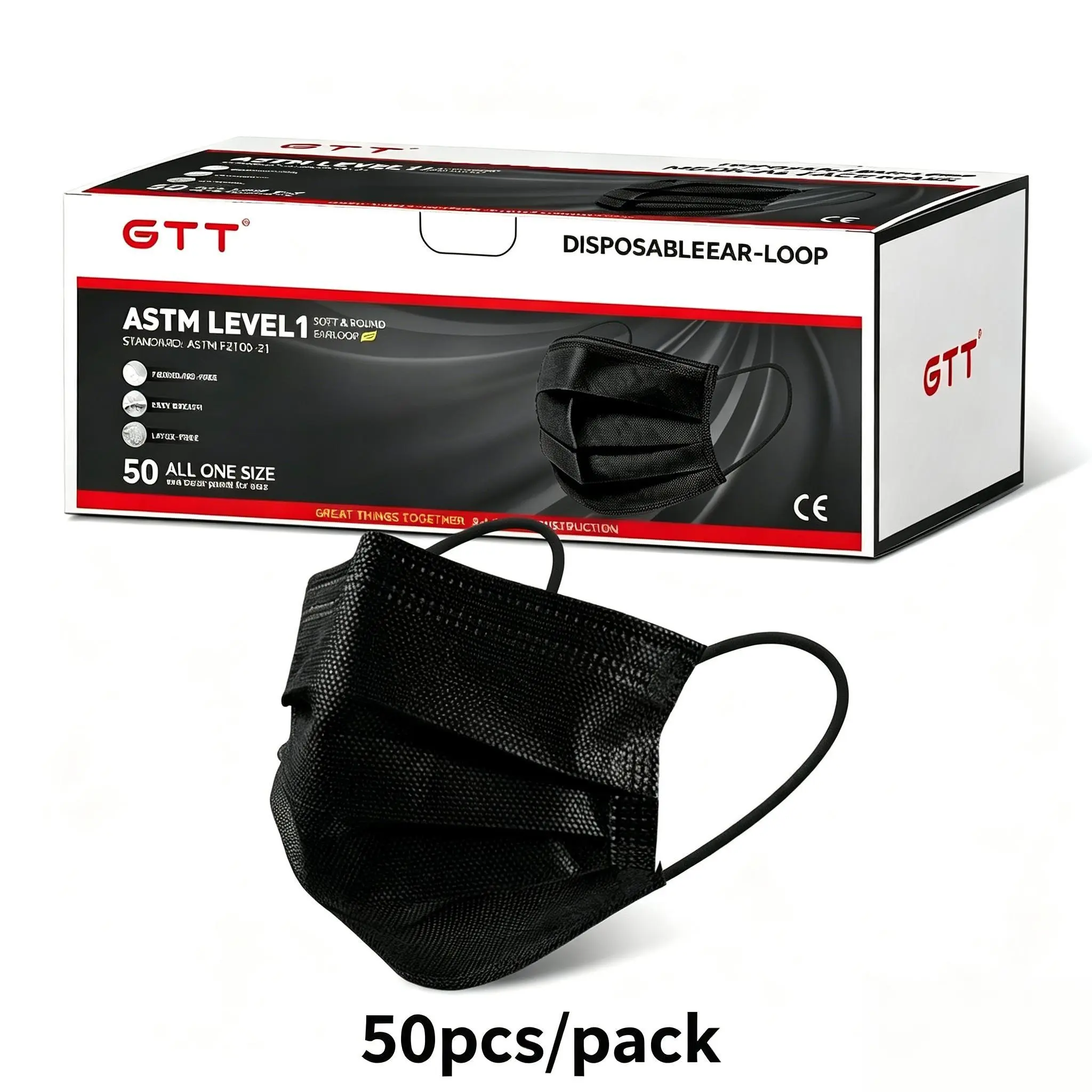 ASTM Level 1 Black Disposable 3 Ply Face Masks 50 Pack Latex Free Breathable Earloop Masks for Daily Travel Work