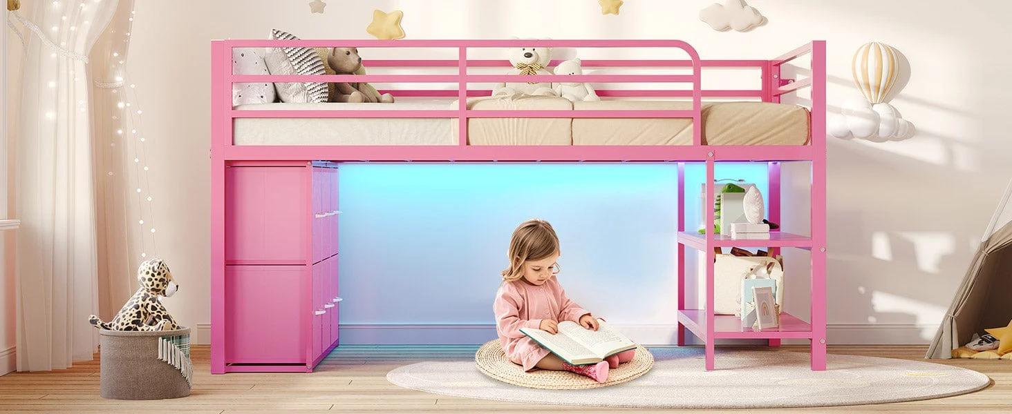 Sikaic Twin Size Low Loft Bed with 6 Storage Drawers and LED Lights Modern Kids Metal Loft Bed with 15H Stairs & Safety Guardrail and 2 Tier Storage Shelves Sikaic Twin Size Low Loft Bed with 6 Storage Drawers and LED Lights Modern Kids Metal Loft Bed with 15H Stairs & Safety Guardrail and 2 Tier Storage Shelves