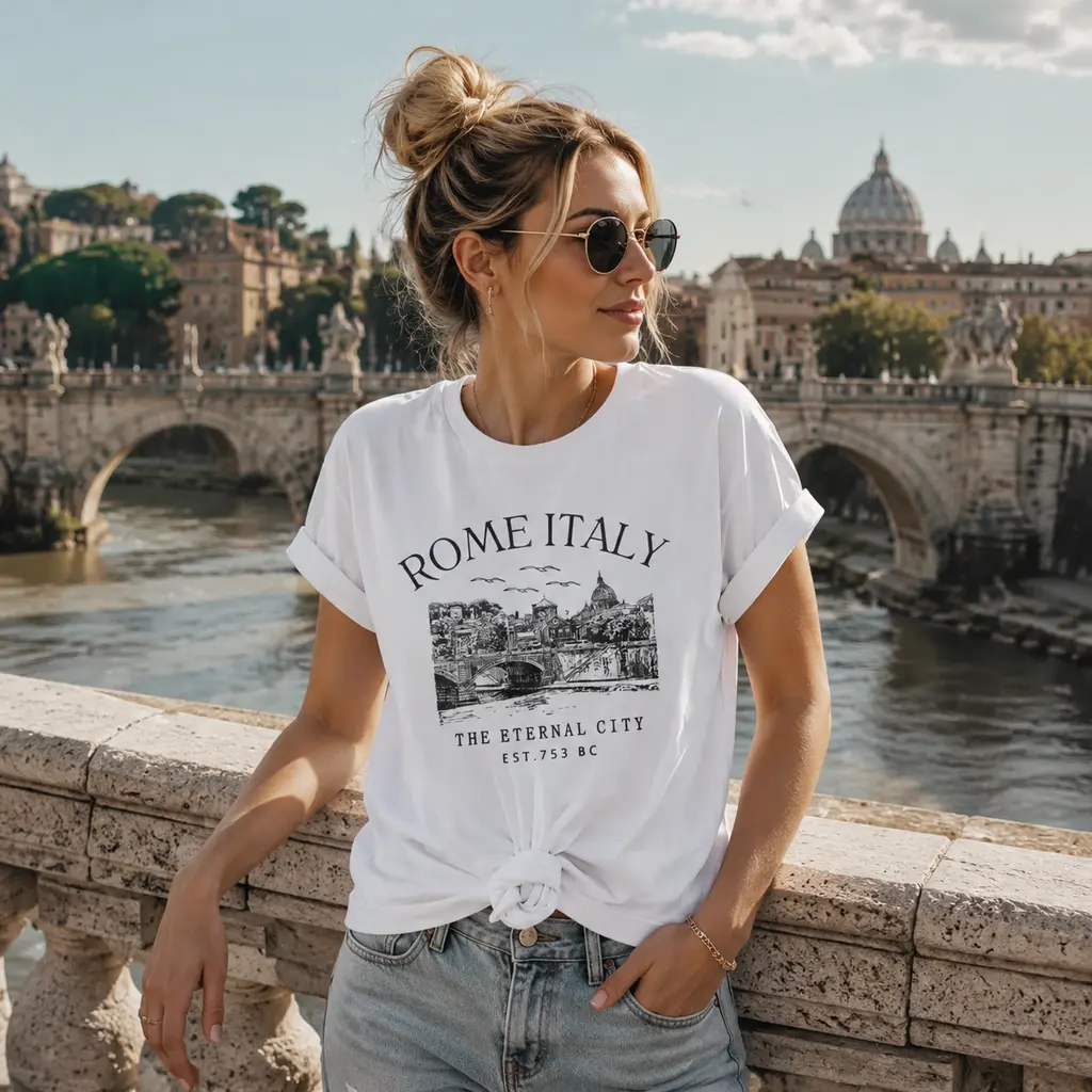 Women's Rome Italy T-Shirt, Vintage Short Sleeve City Sketch Graphic Tee in 100% Cotton, Relaxed Fit Top for European Travel, Shortsleeve, Tshirt