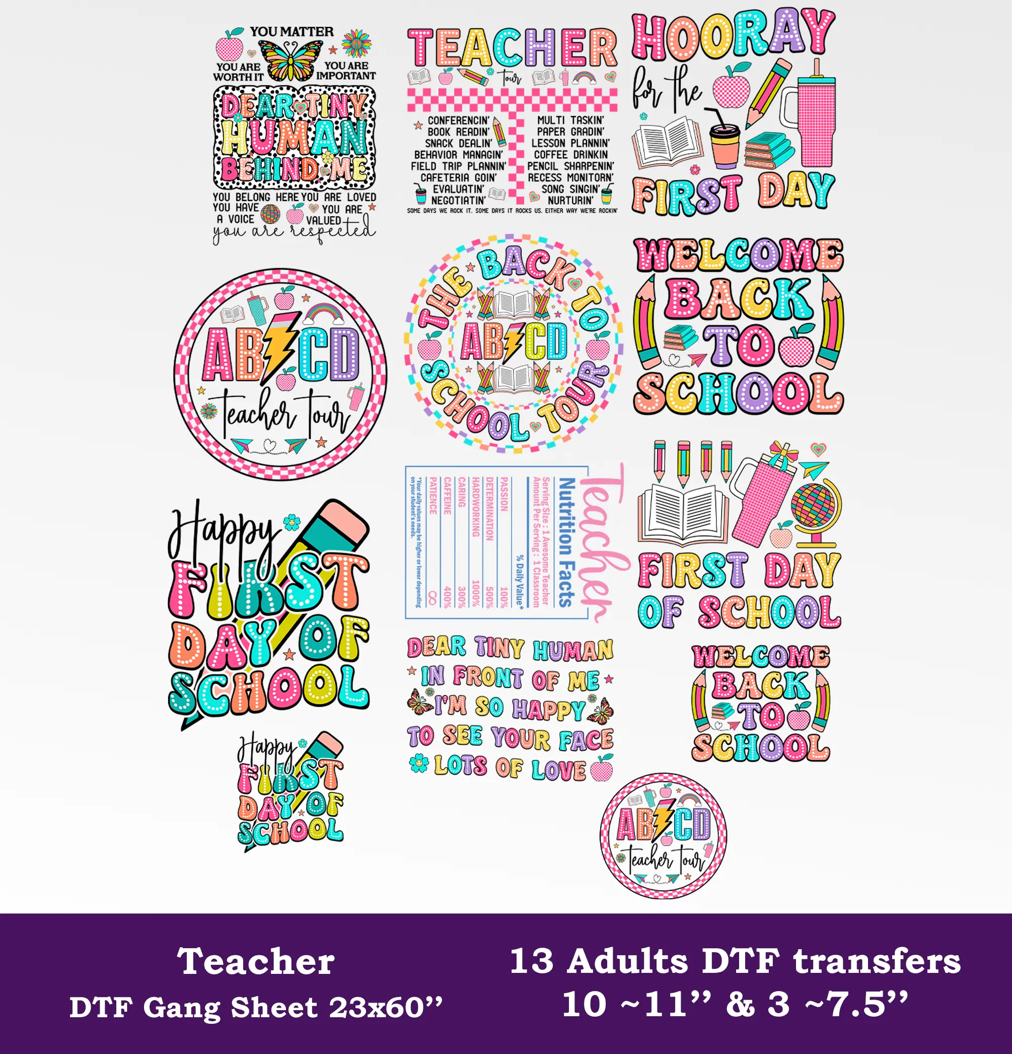 Teacher DTF Gang Sheet, 23x60 in. Ready to Press Heat transfers