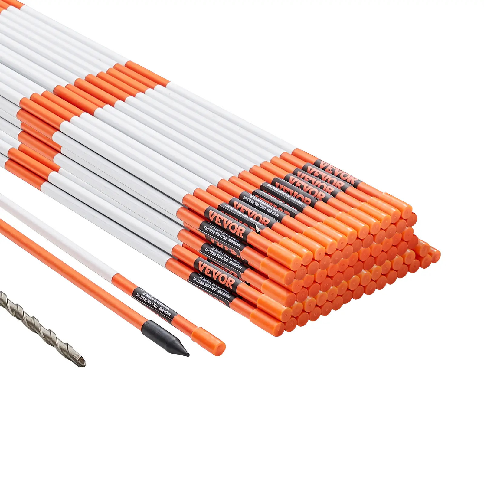 VEVOR Driveway Markers, 100 PCS 48 inch, 0.4 inch Diameter, Orange Fiberglass Poles Snow Stakes with Reflective Tape, 12" Steel Drill Bit & Protection