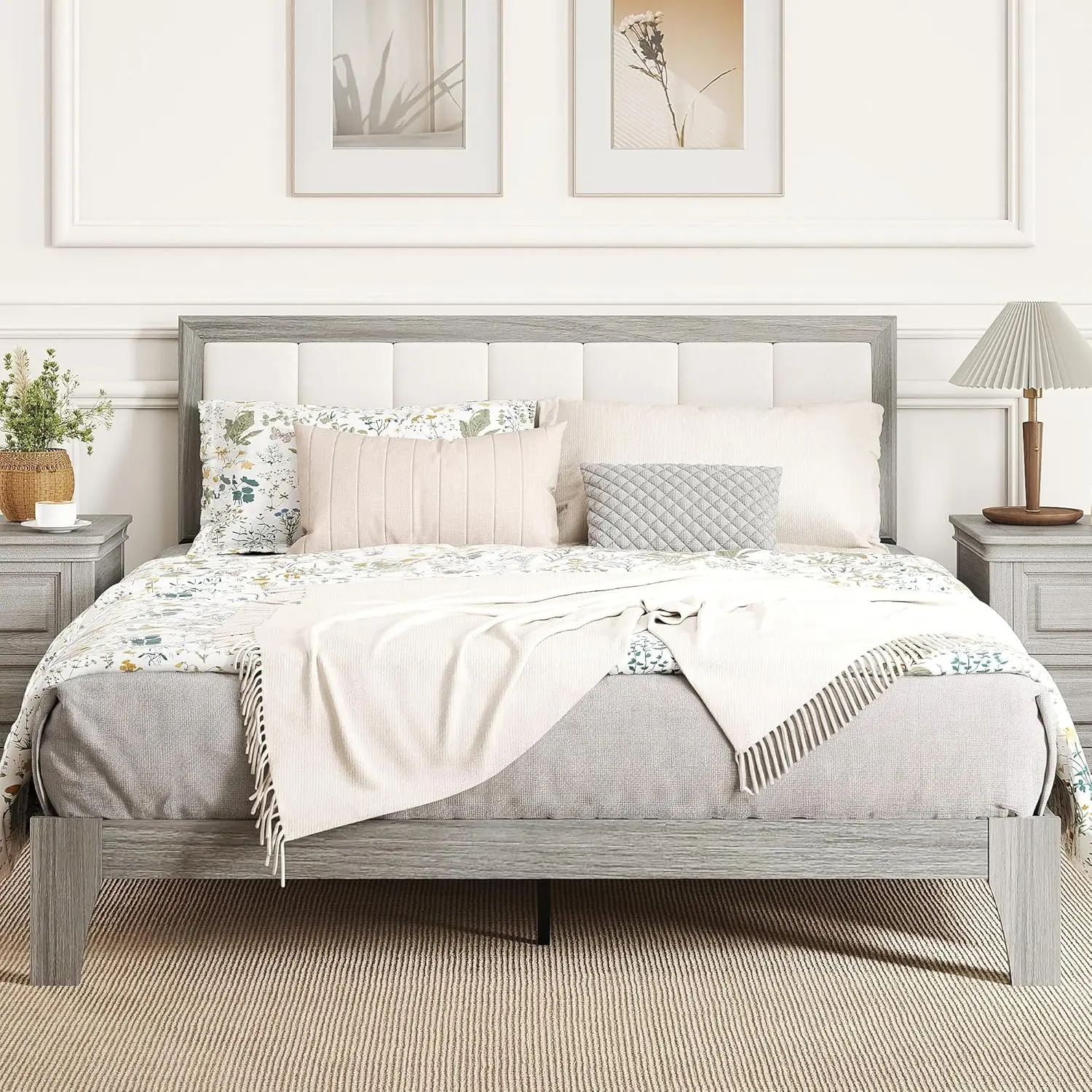 Greywick Full Size Platform Bed Frame with Linen Headboard, 726 lbs Capacity, 12 Wood Slats, No Box Spring Needed, 6.7" Robot Vacuum Clearance, Anti-Creak Foot Pads (Mattress not included)