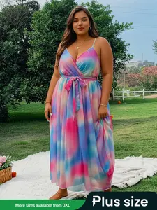 【Plus Size】Tie Dye Print Cami Spaghetti Strap Dress with Belt, Fashion Casual Boho Soft Sleeveless Dress for Party Club Dating Wear, Women Plus Clothing for Summer, Casual Boho Elegant