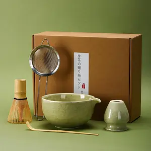 Matcha Tea Set 5 Pcs, Japanese Traditional Ceramic Bowl, Bamboo Whisk (Chasen), Scoop (Chashaku), Holder,Stainless Steel Sifter, Gift for Friend