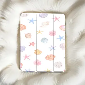 Watercolor Seashell & Starfish Beach Summer Background Stylish Clear Tablet Case| TPU Material, Foldable, Adjustable Stand, Card Slots, Auto Sleep/Wake, Compatible with for ipad 10th 11th 9th Mini Air 4th 8/7/6/5th for IPad Pro Generation